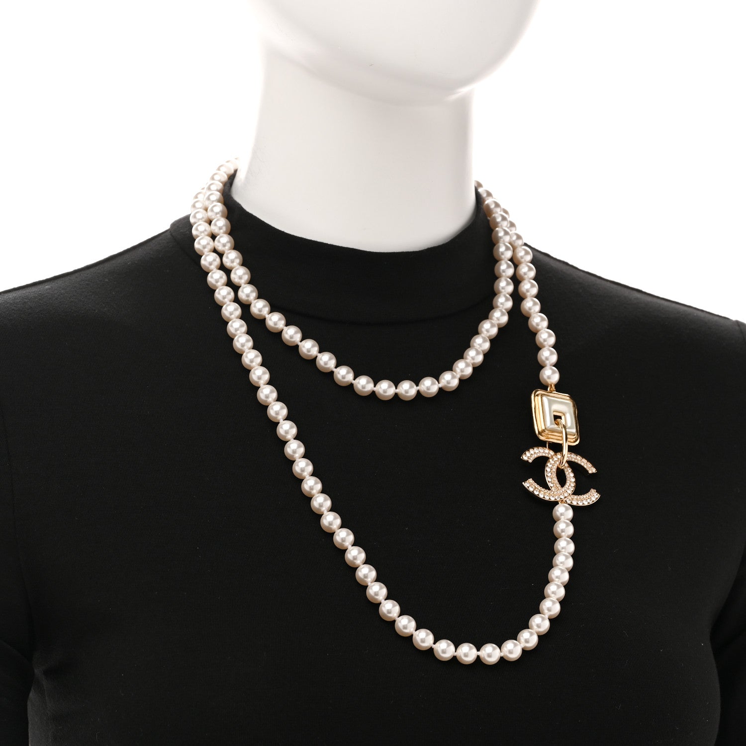 Chanel Pearl Crystal CC Square Long Necklace Gold Pearly White 2 of 6