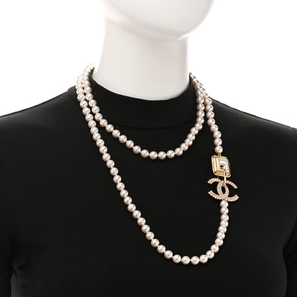 Chanel Pearl Crystal CC Square Long Necklace Gold Pearly White 2 of 6