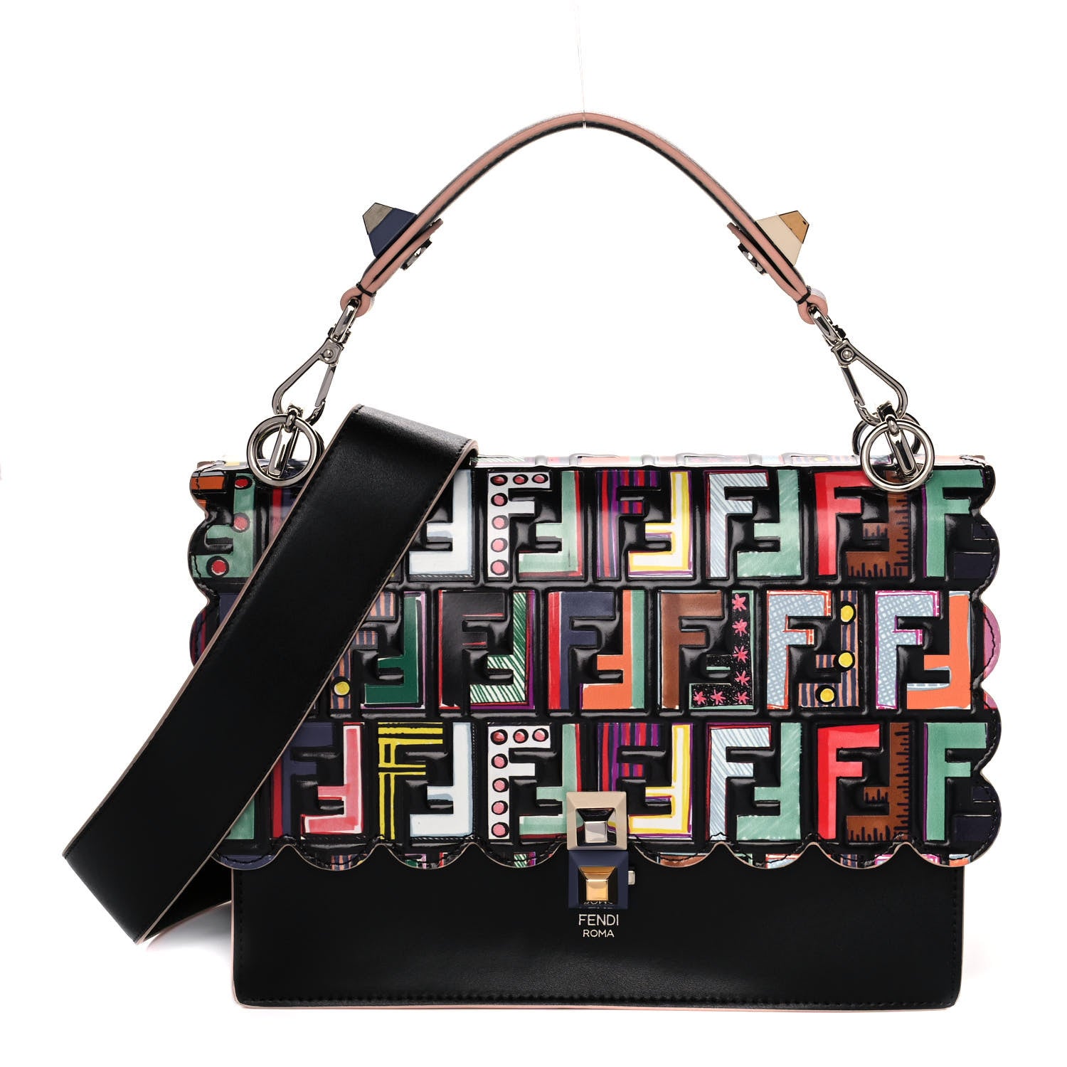 Fendi Vitello Liberty Fun Fair Embossed Scalloped Kan I Shoulder Bag Black Multicolor 1 of 13