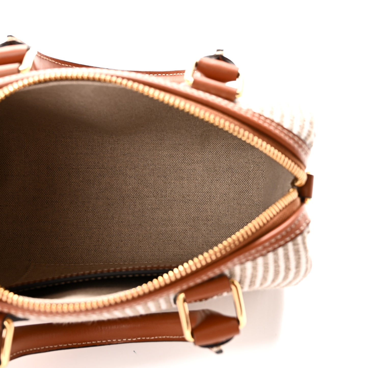 Triomphe Textile Calfskin Striped Small Boston Bag Natural Tan