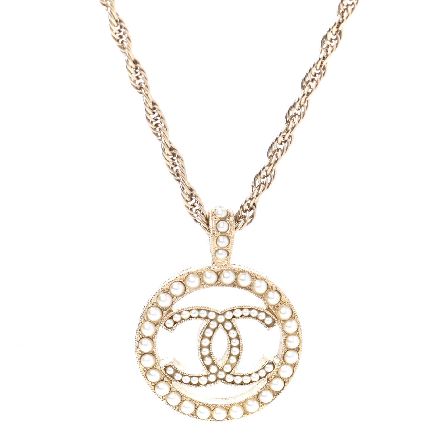 Pearl CC Round Pendant Necklace Gold
