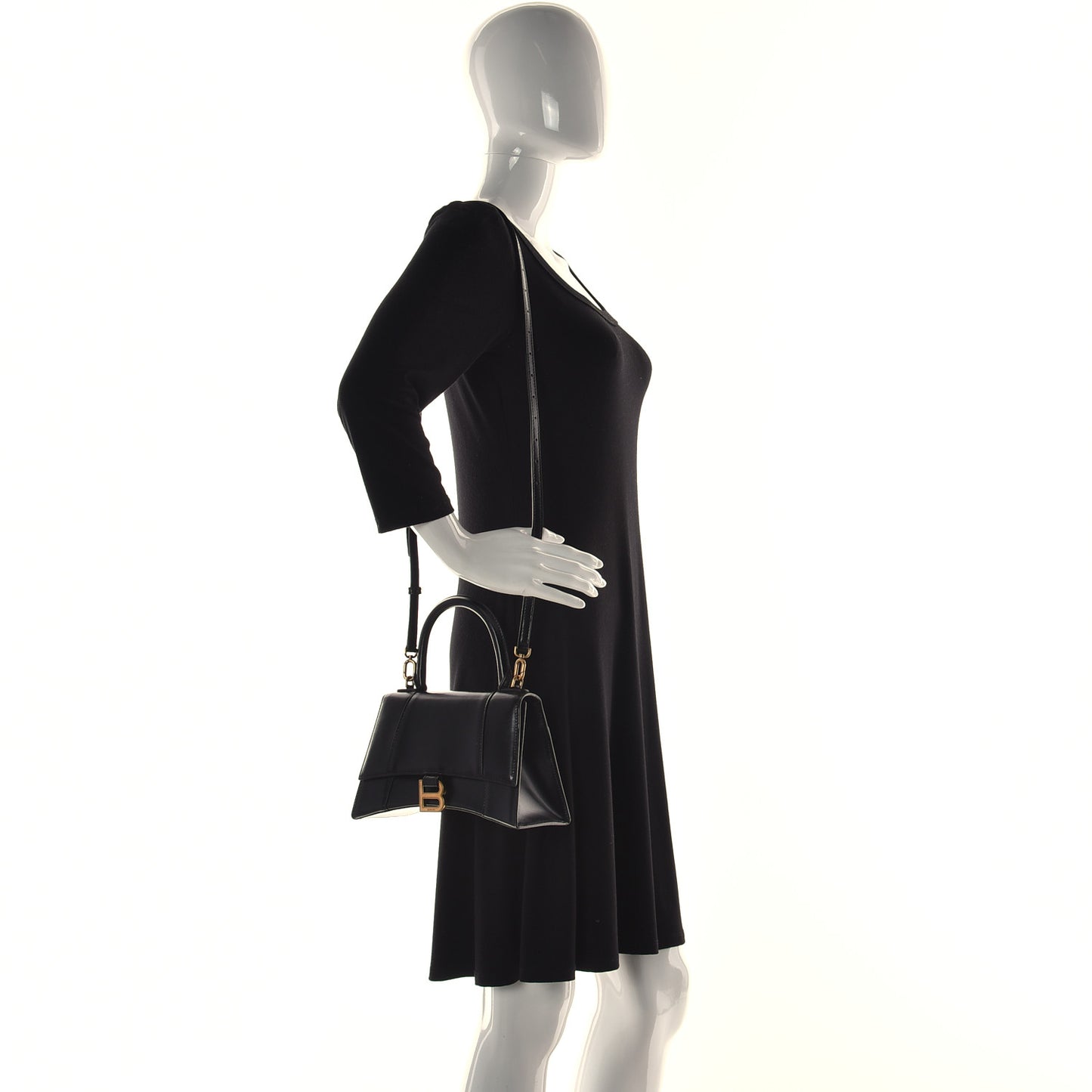 Shiny Box Calfskin Small Hourglass Top Handle Bag Black