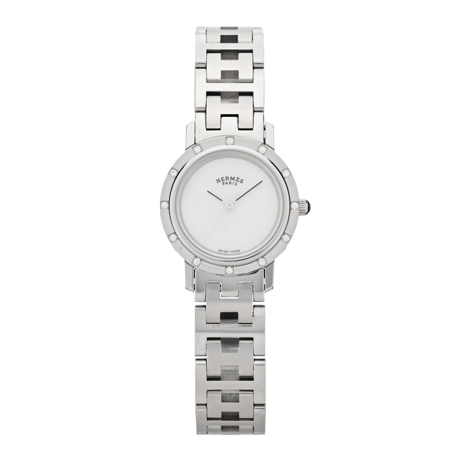 Hermes Stainless Steel Diamond Mother of Pearl 24mm Clipper Quartz Watch 1 of 4