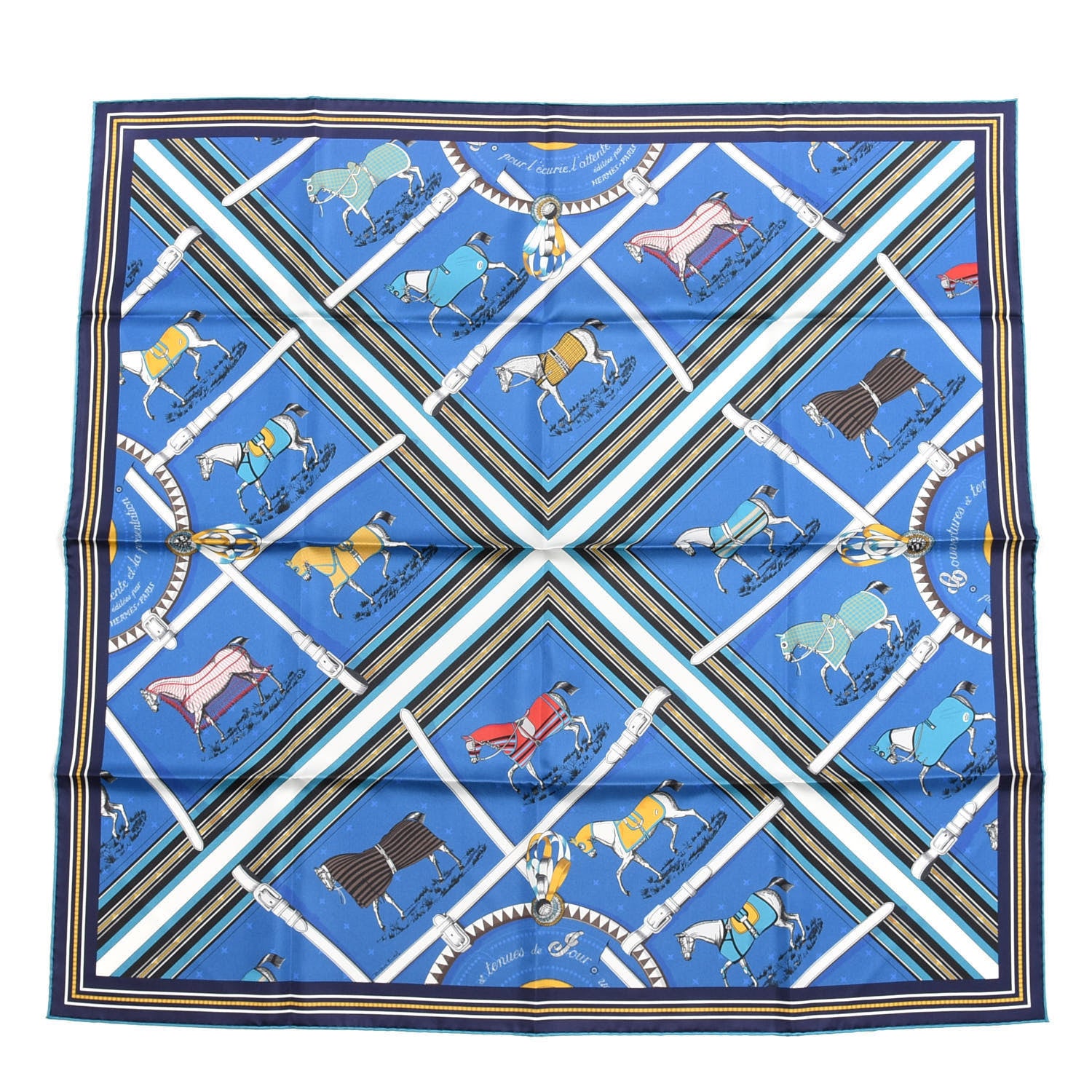 Hermes Silk Couvertures Et Tenues Double Face Scarf 90 Bleu Gold Black 1 of 3