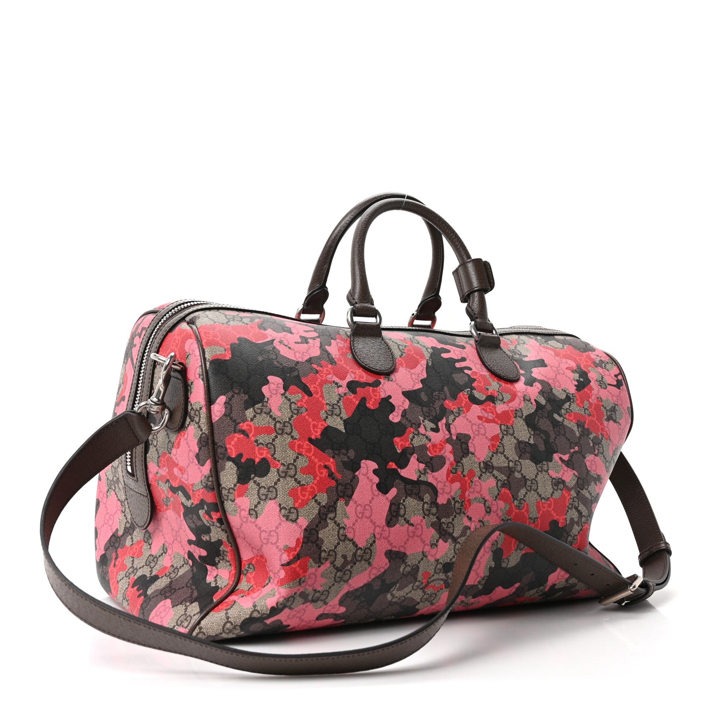 GG Supreme Monogram Camouflage Textured Dollar Calfskin Medium Savoy Duffle Bag Beige Pink Red