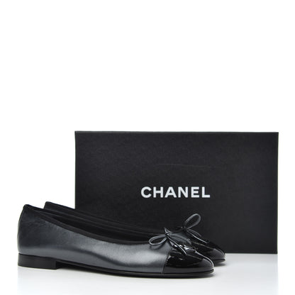 Chanel Pearly Calfskin Patent Cap Toe Ballerina Flats 39 Black 10 of 10