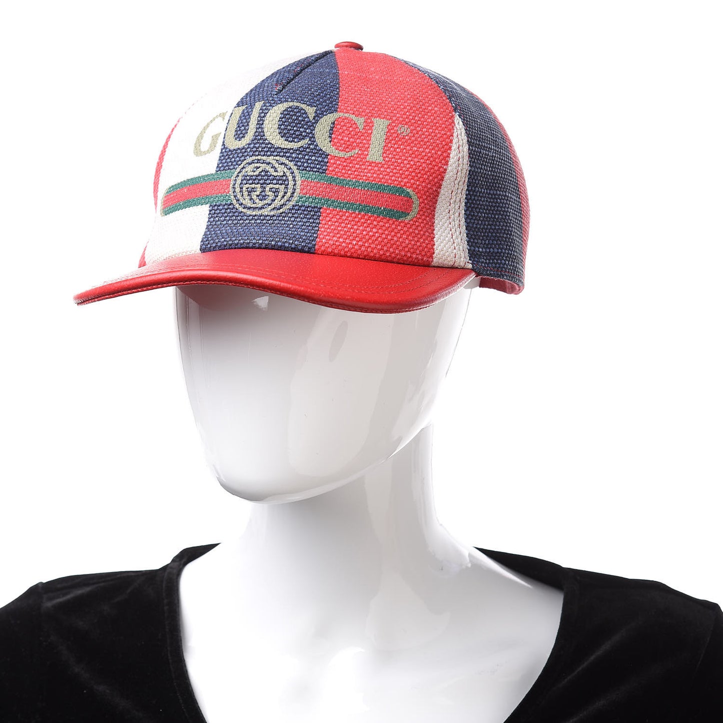 Canvas Textured Calfskin Sylvie Stripe Logo Baseball Hat L White Red