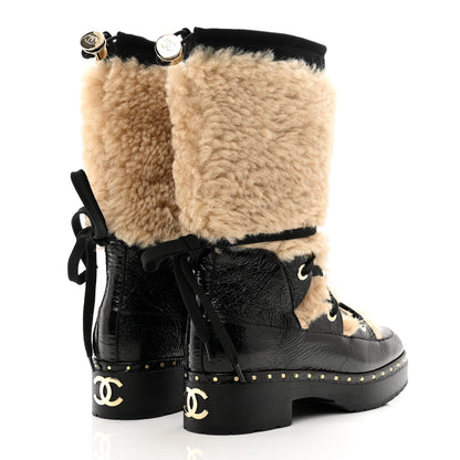 Chanel Shearling Crackled Sheepskin Chain Studded CC High Boot 36 White Black 4 of 9