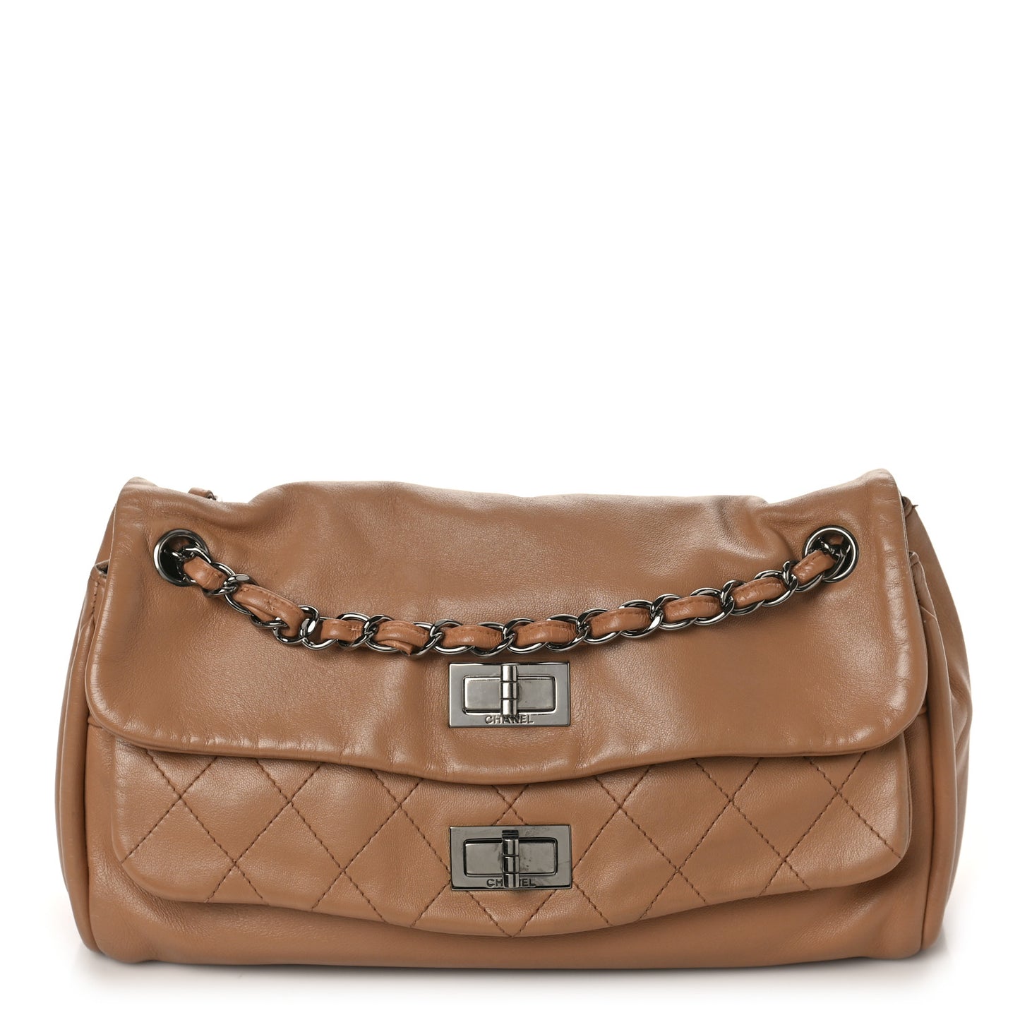 Lambskin Quilted Large Mademoiselle Double Flap Light Brown