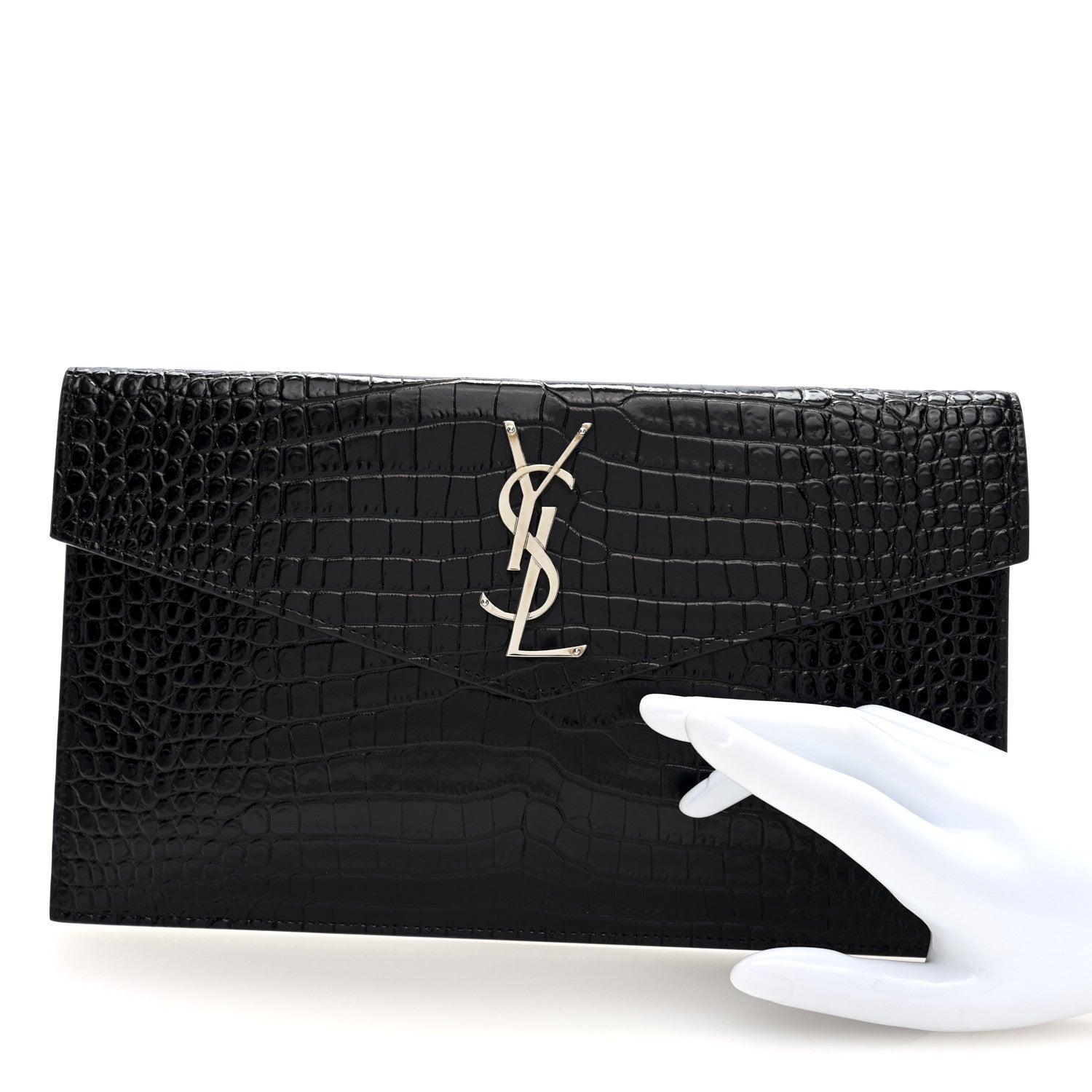 Saint Laurent Calfskin Crocodile Embossed Uptown Monogram Pouch Black 3 of 14
