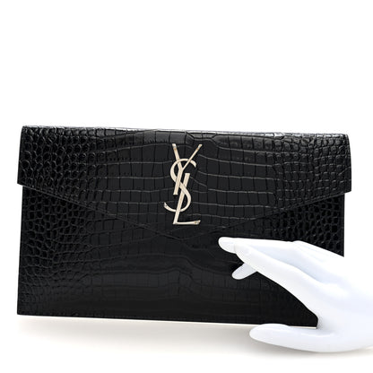 Saint Laurent Calfskin Crocodile Embossed Uptown Monogram Pouch Black 3 of 14