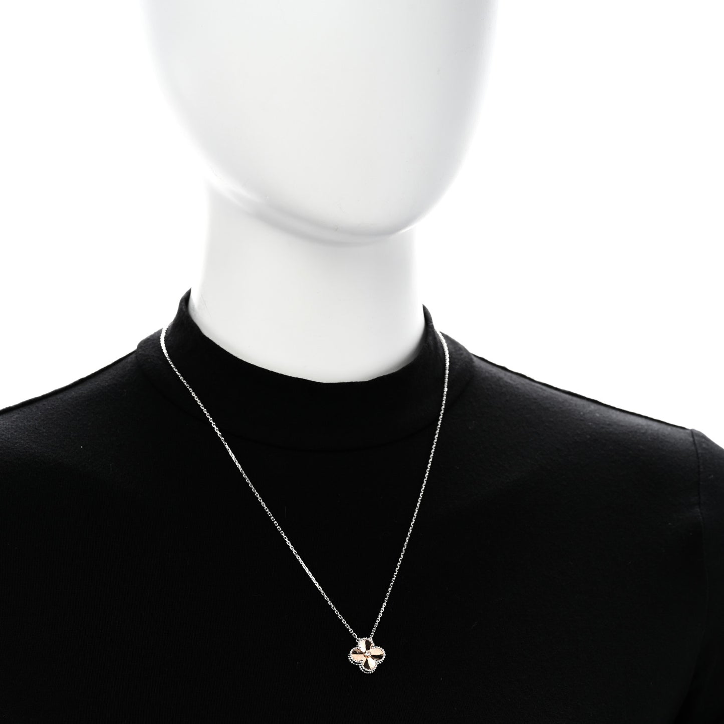 18K White Rose Gold Diamond Guilloche Vintage Alhambra Pendant Necklace
