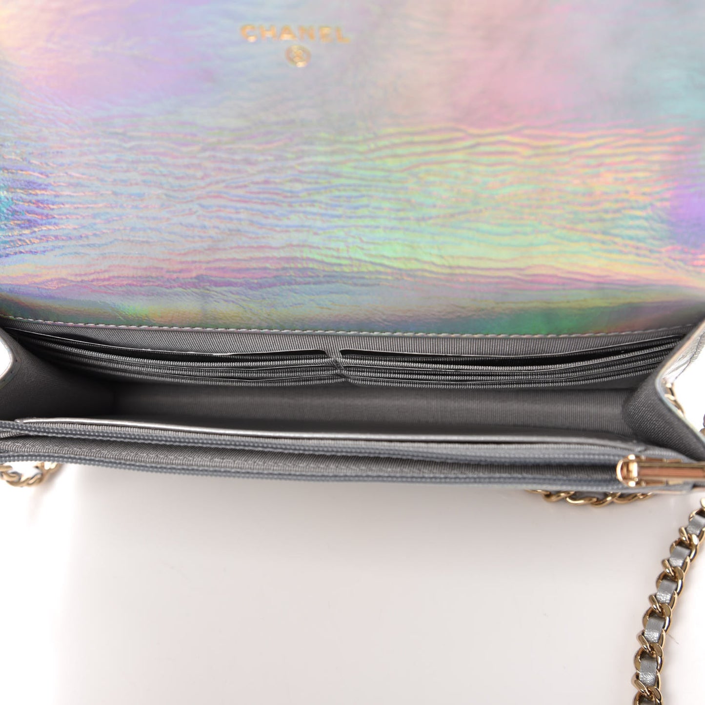 Iridescent Goatskin Quilted Wallet On Chain WOC Silver