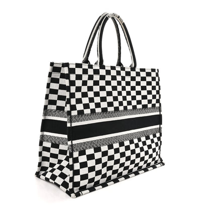 Christian Dior Canvas Embroidered Checkered Book Tote Black White 3 of 10