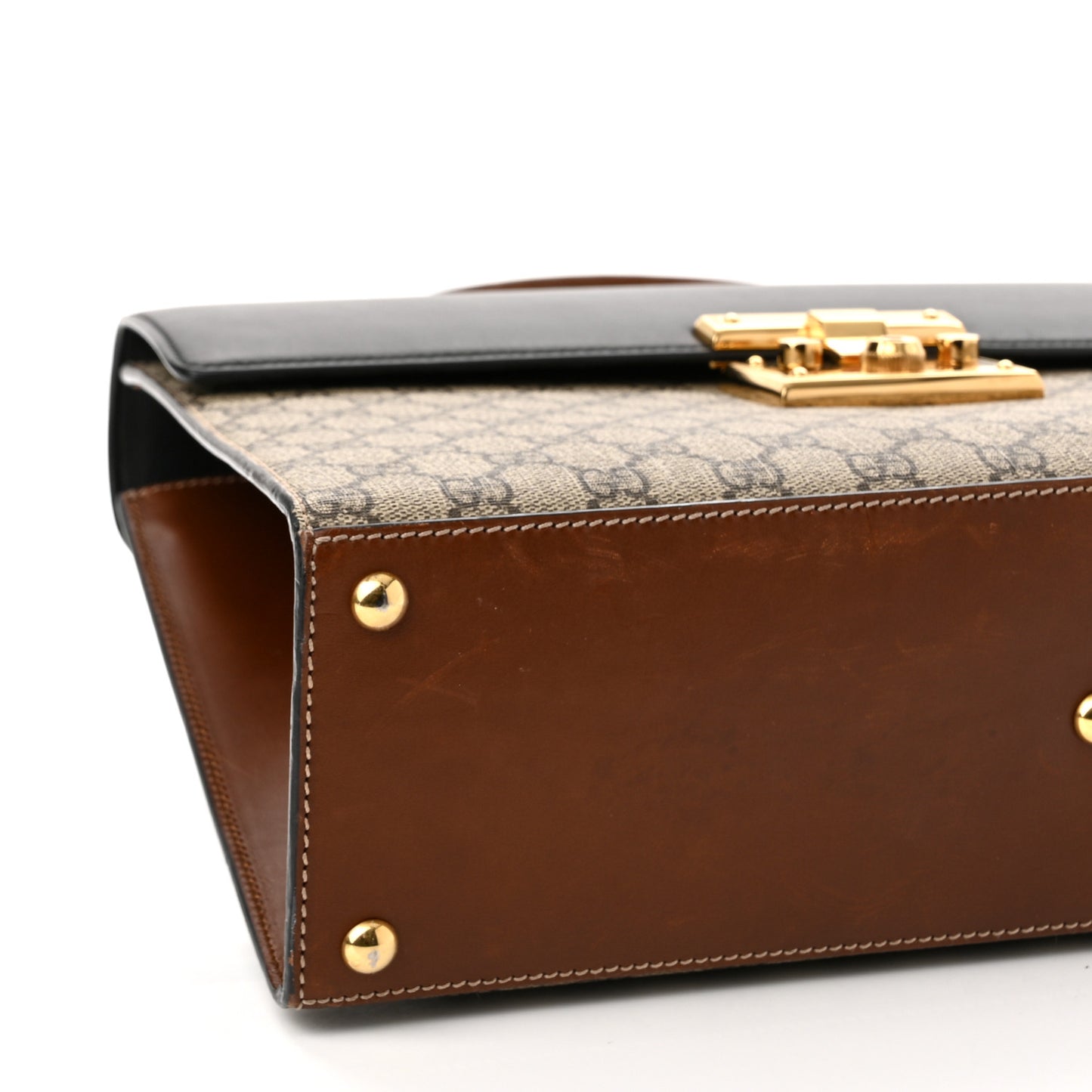 GG Supreme Monogram Calfskin Medium Padlock Top Handle Bag Beige Black Cuir
