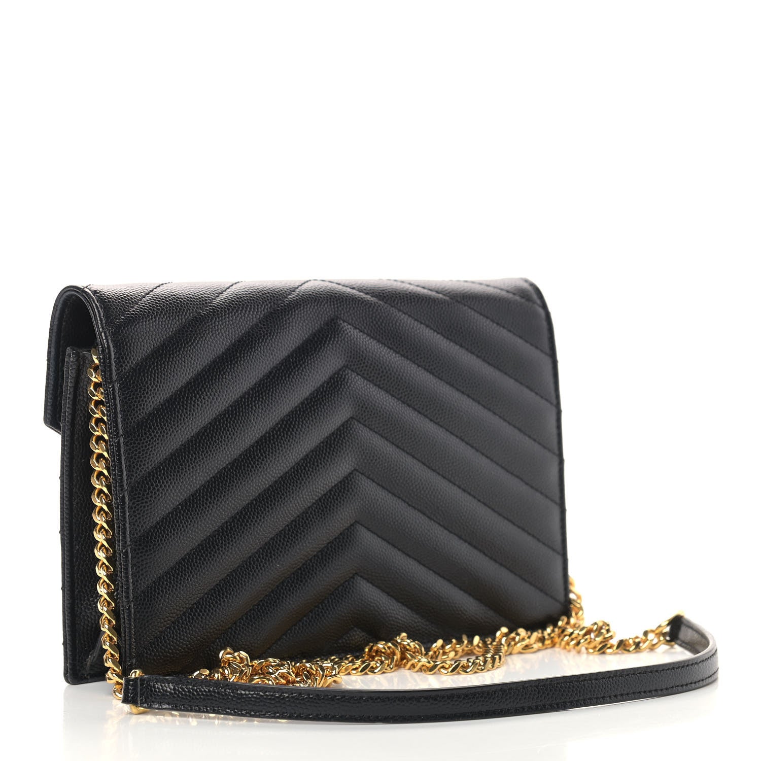 Saint Laurent Grain De Poudre Matelasse Chevron Monogram Envelope Chain Wallet Black 3 of 10