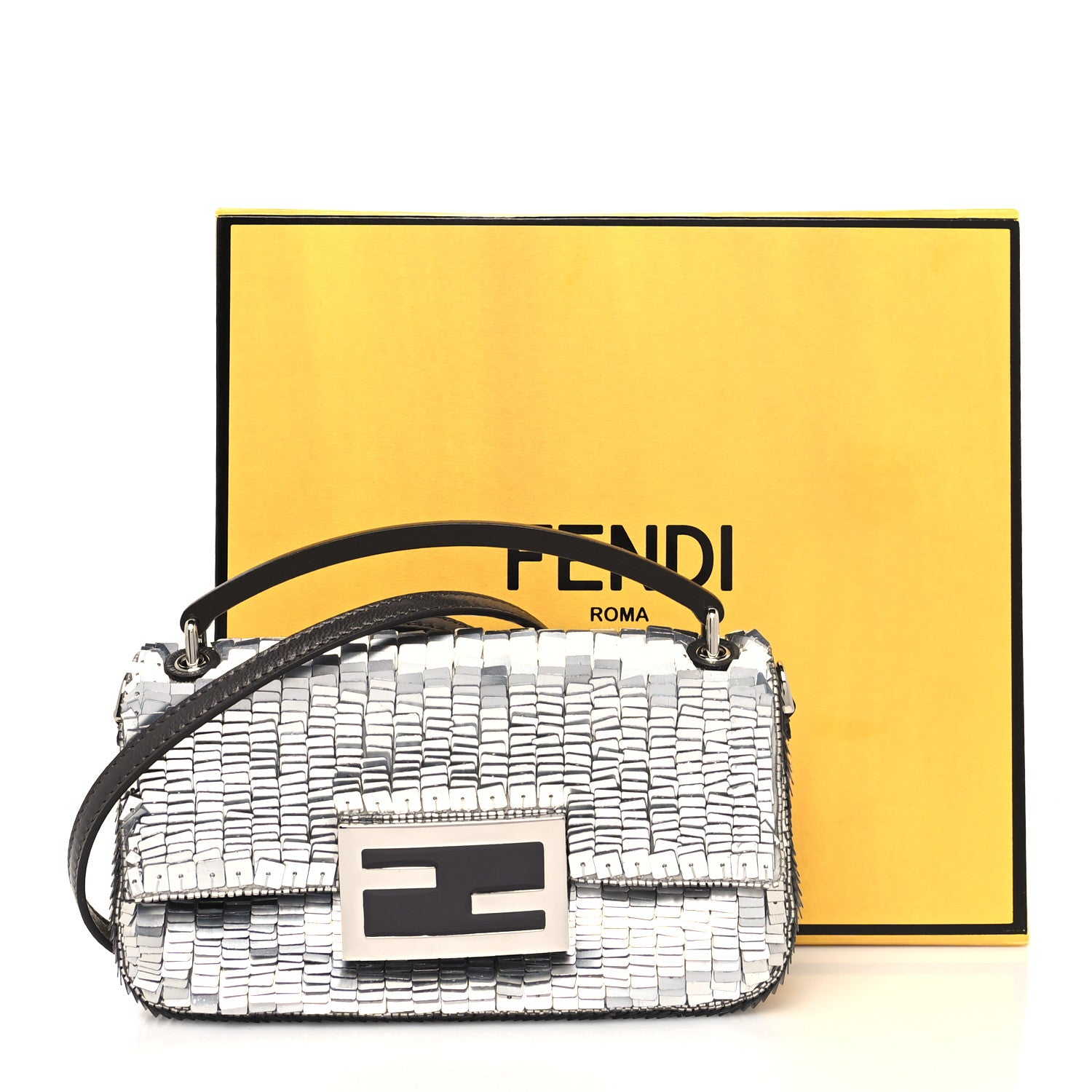 Fendi Sequin Paillettes Capretto Lucido Baguette Phone Pouch Argento Moro 10 of 10