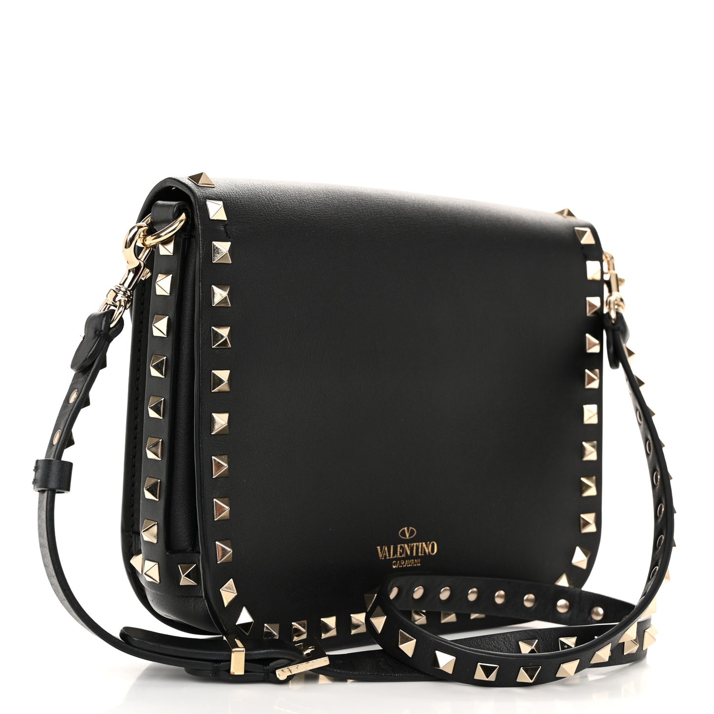 Vitello Rockstud Shoulder Flap Messenger Bag Black