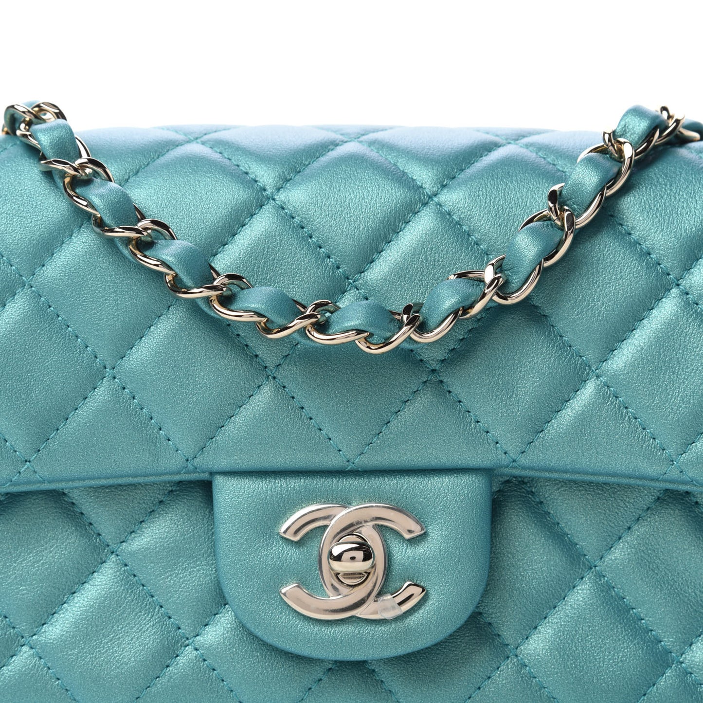 Iridescent Calfskin Quilted Mini Rectangular Flap Green