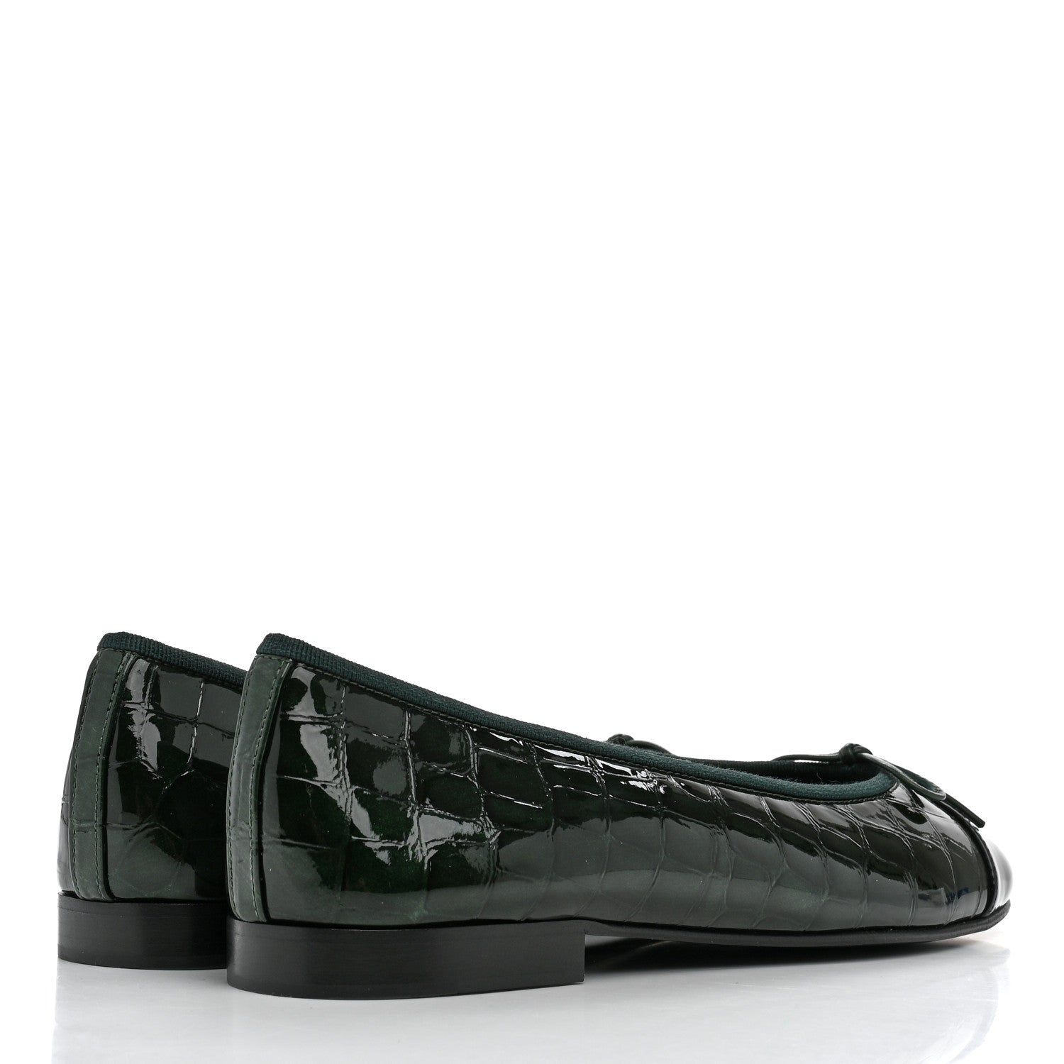 Chanel Crocodile Embossed Patent Calfskin Cap Toe CC Ballerina Flats 38 Dark Green Black 5 of 10