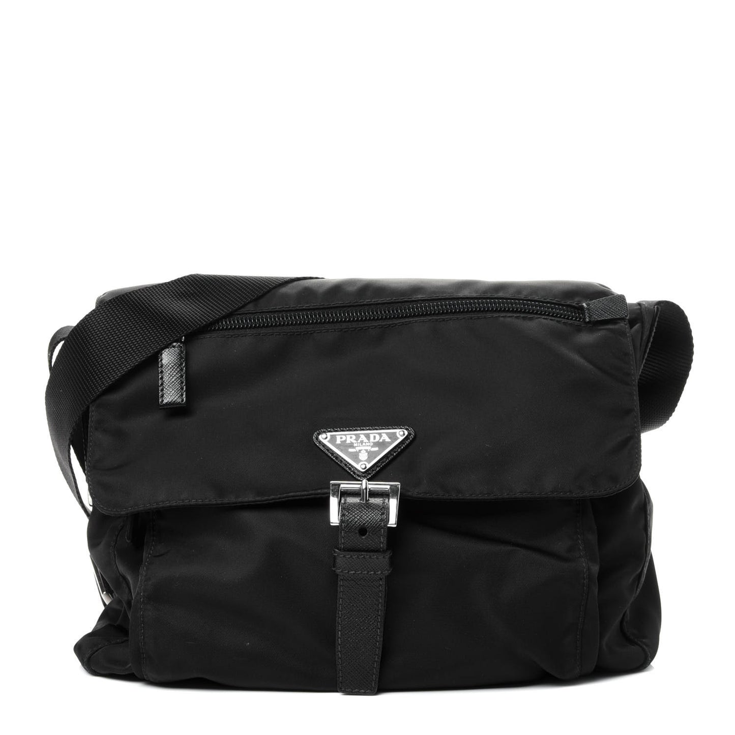 Nylon Vela Saffiano Single Buckle Messenger Shoulder Bag Black