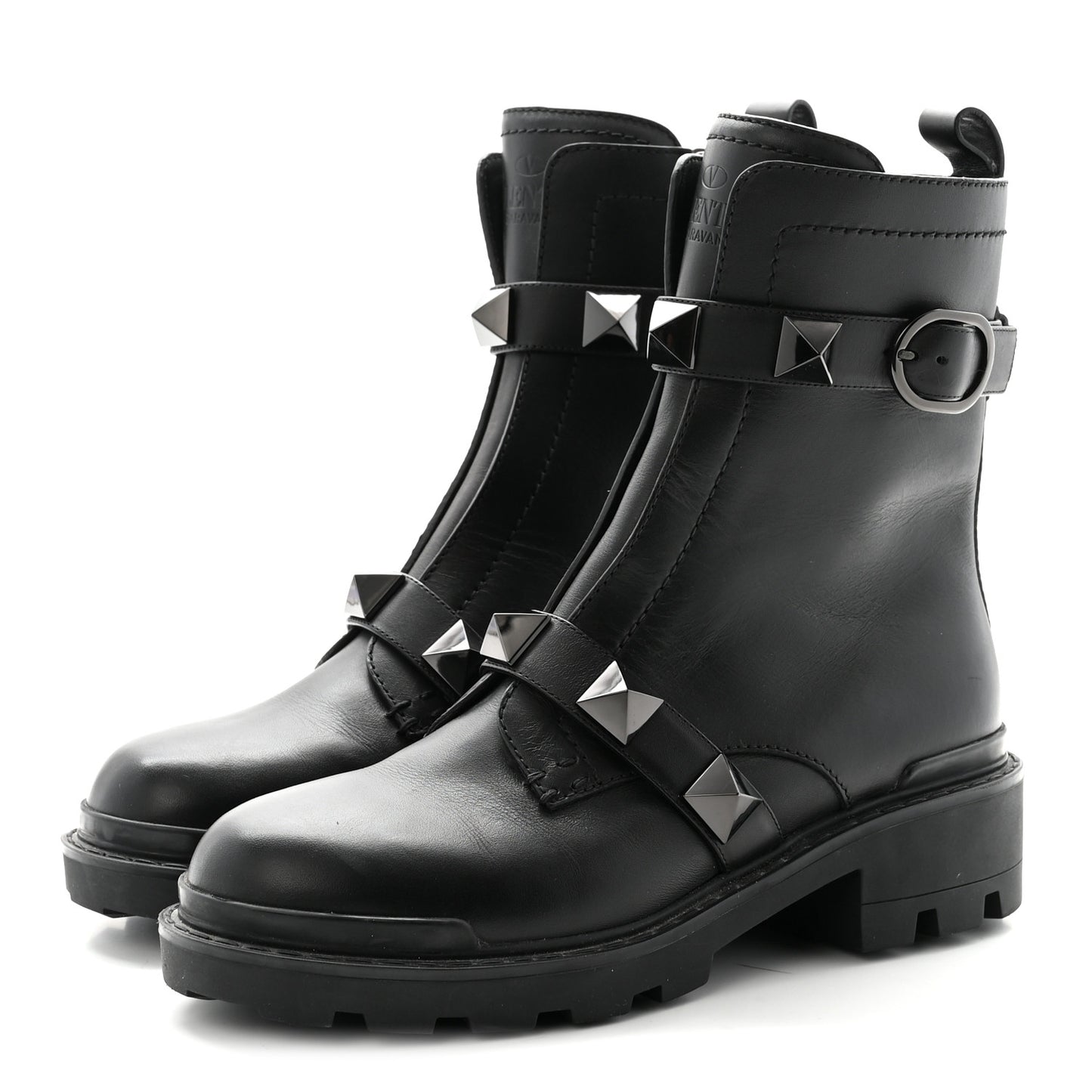 Calfskin Tonal Roman Stud 20/40mm Combat Boots 38.5 Black
