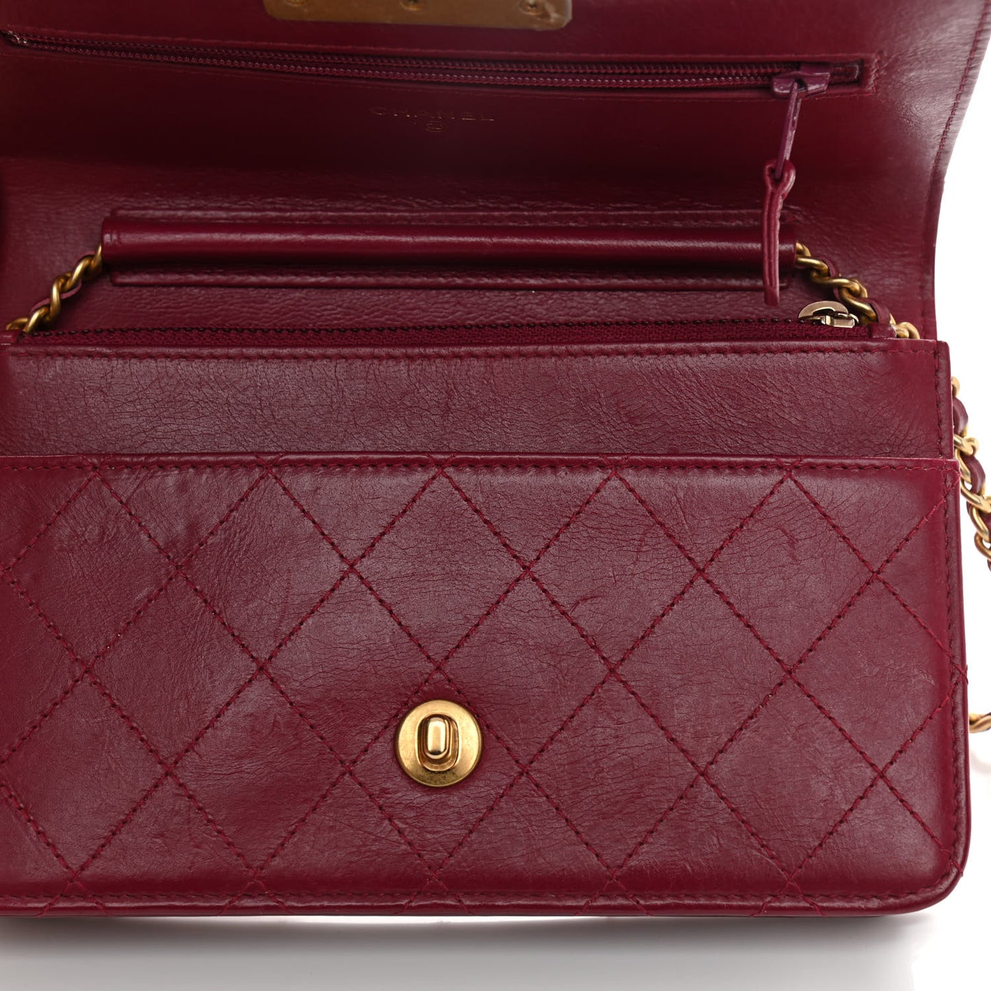Goatskin Stitched Golden CC Wallet on Chain WOC Dark Red