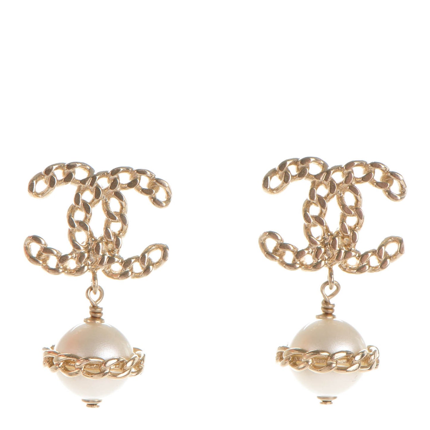 Pearl Chain CC Dangle Earrings Gold