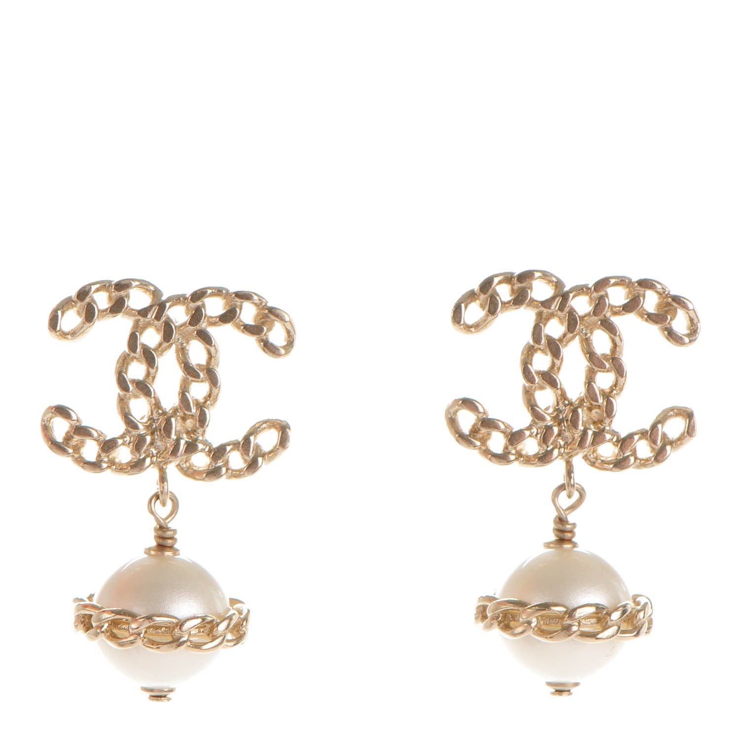 Chanel Pearl Chain CC Dangle Earrings Gold 1 of 5