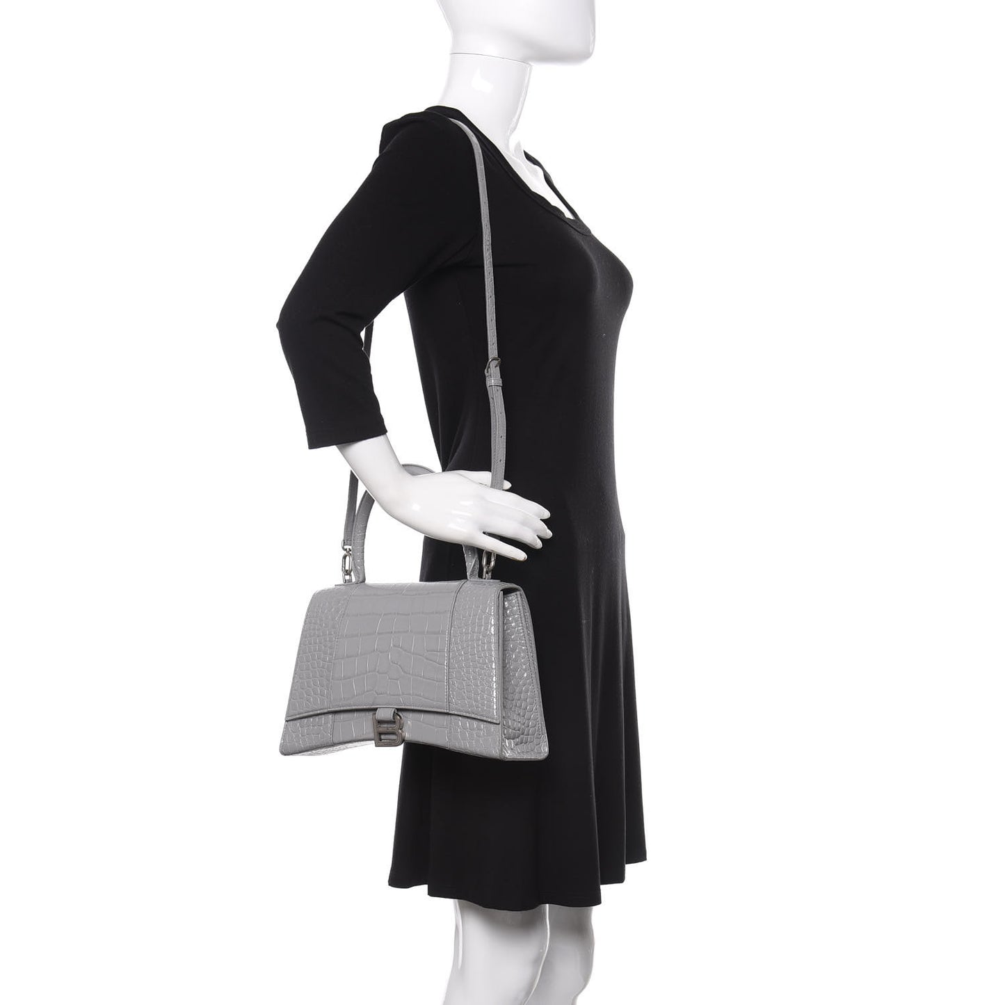 Shiny Calfskin Crocodile Embossed Medium Hourglass Top Handle Bag Balenciaga Grey