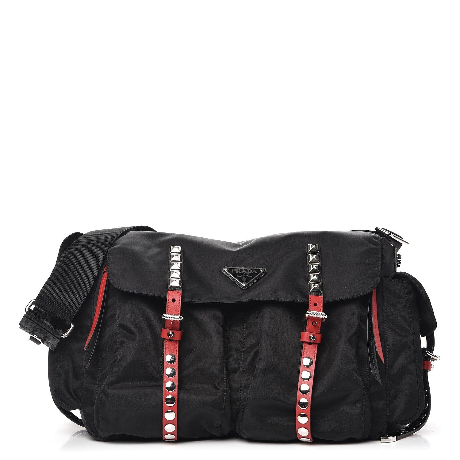 Prada Nylon New Vela Studded Messenger Black Fuoco 1 of 8