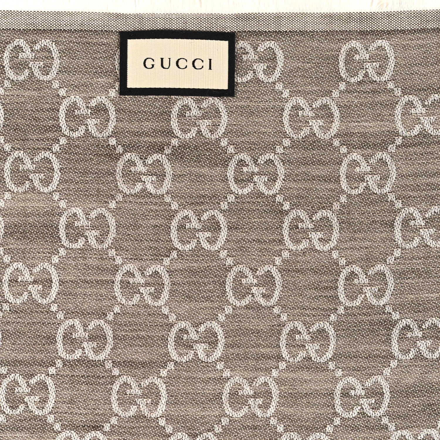 Gucci Wool Silk Monogram GGWeb Fringe Shawl Bitume Ivory 2 of 3