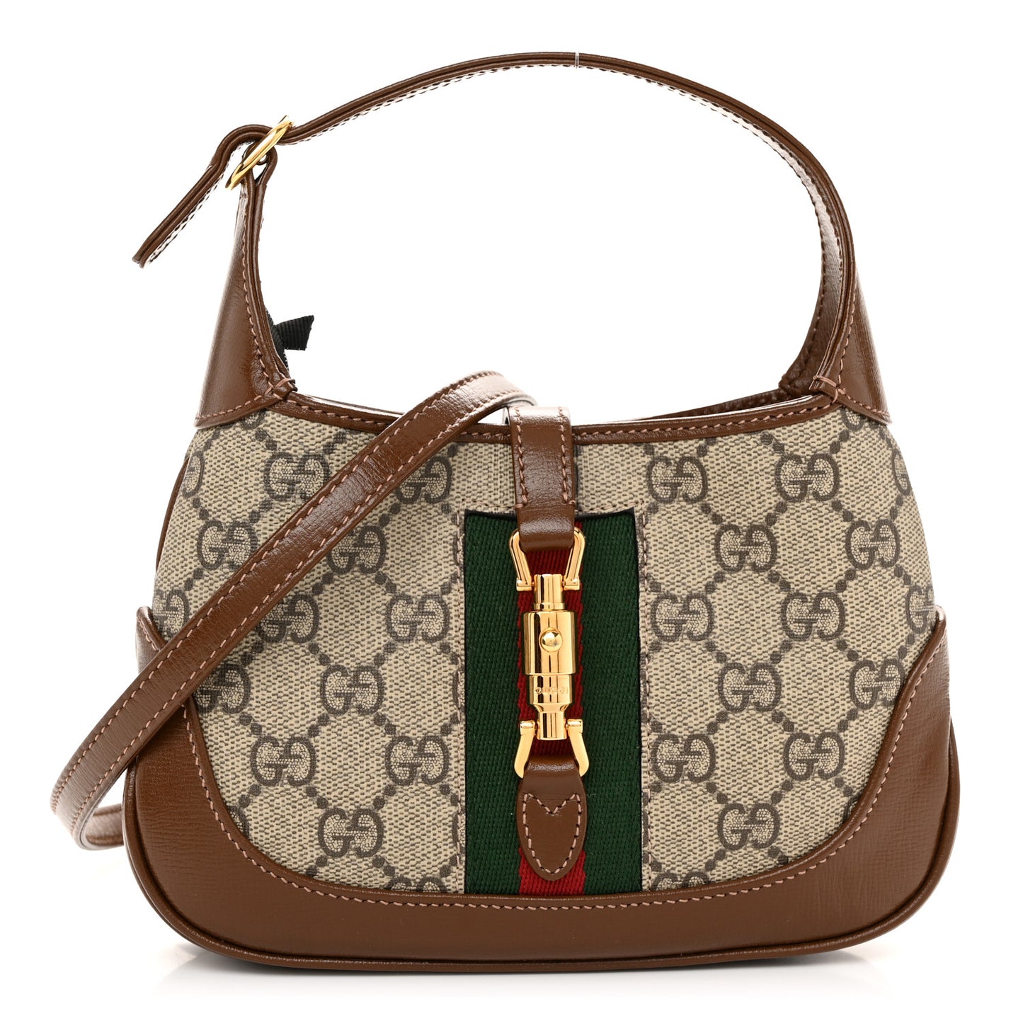 GG Supreme Monogram Azalea Calfskin Web Mini Jackie 1961 Hobo Beige Ebony Brown Sugar