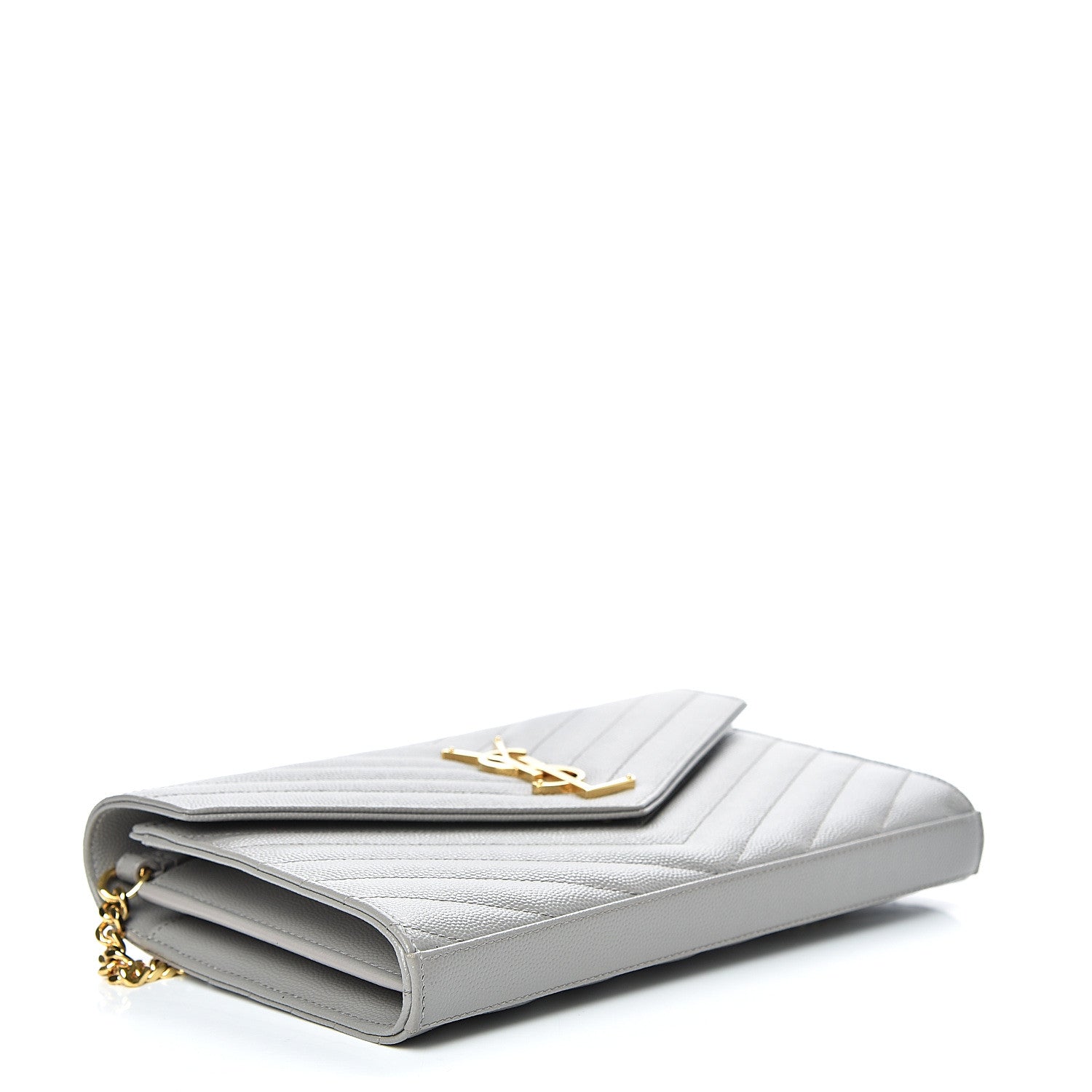 Saint Laurent Grain De Poudre Matelasse Chevron Monogram Chain Wallet Oyster Grey 3 of 13
