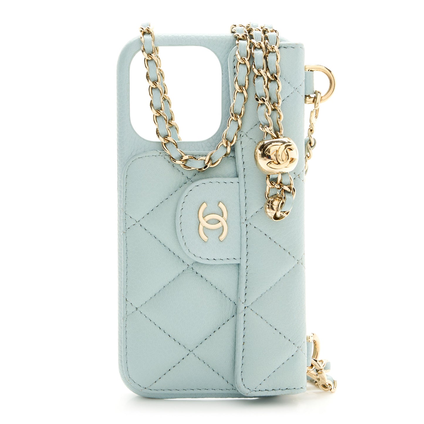 Caviar Quilted Pearl Crush iPhone 13 Pro Holder With Chain Light Blue