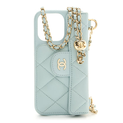 Chanel Caviar Quilted Pearl Crush iPhone 13 Pro Holder With Chain Light Blue 1 of 6