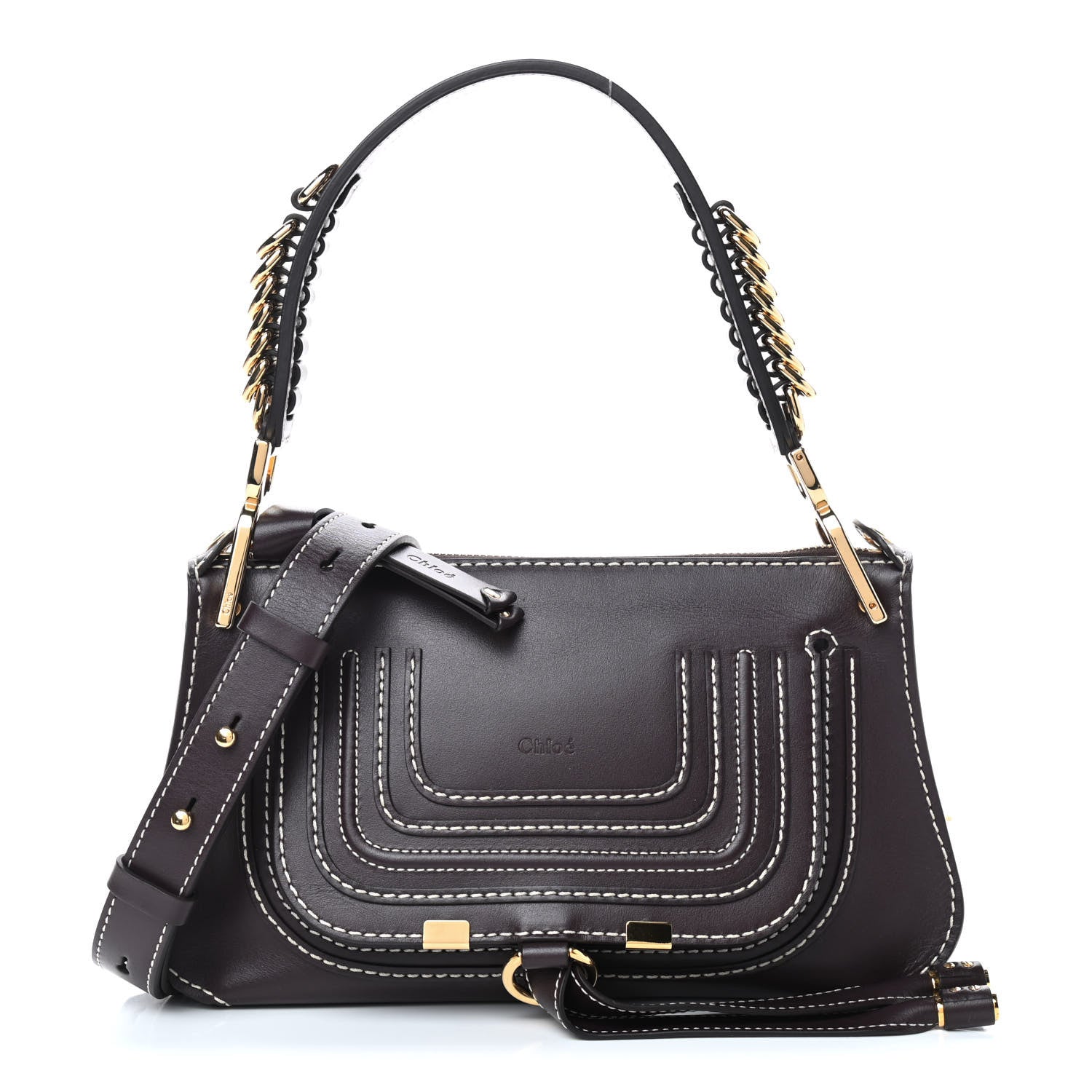 Chloe Shiny Calfskin Small Marcie Saddle Shoulder Bag Black Raisin 1 of 8