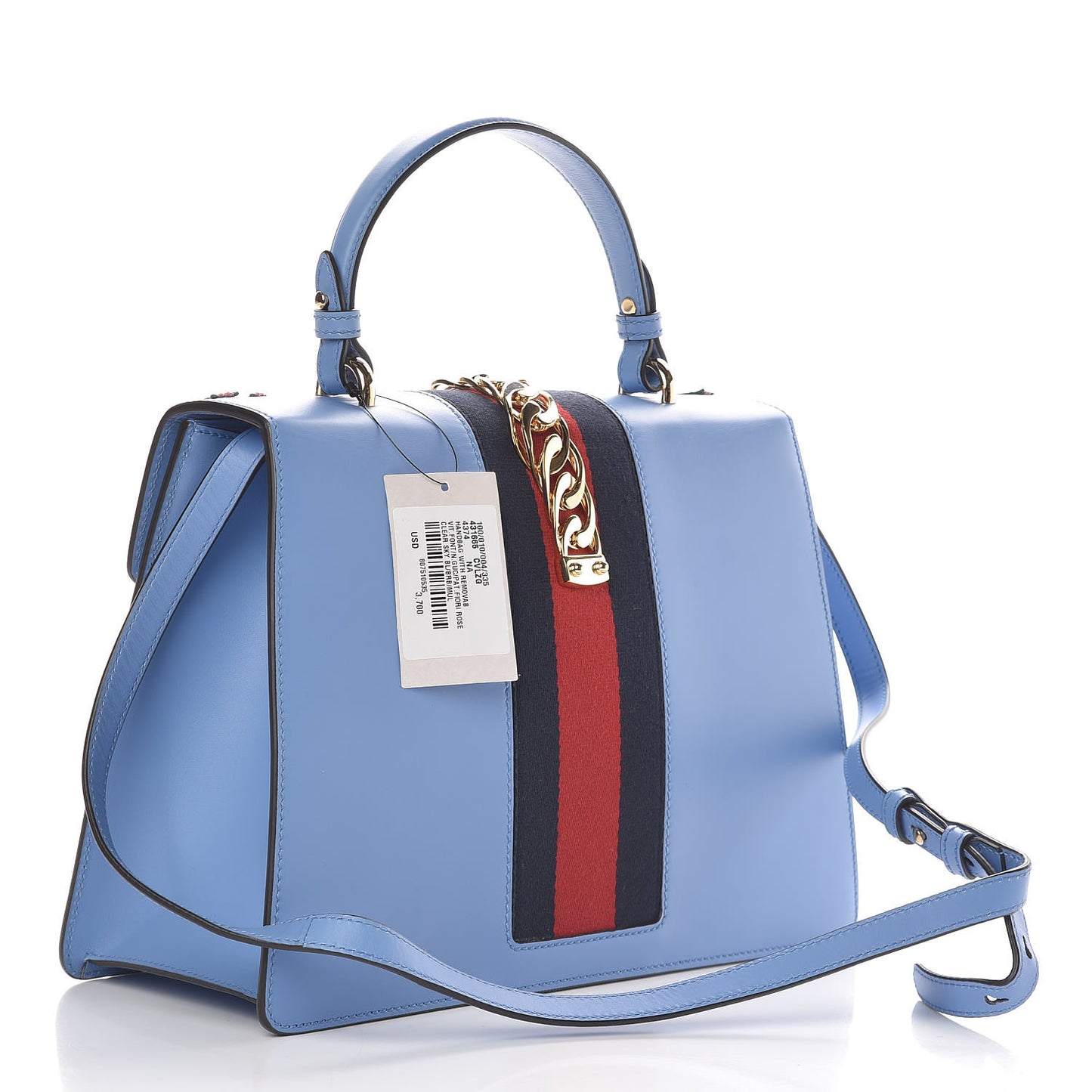 Calfskin Embroidered Medium Sylvie Top Handle Bag Clear Sky Blue