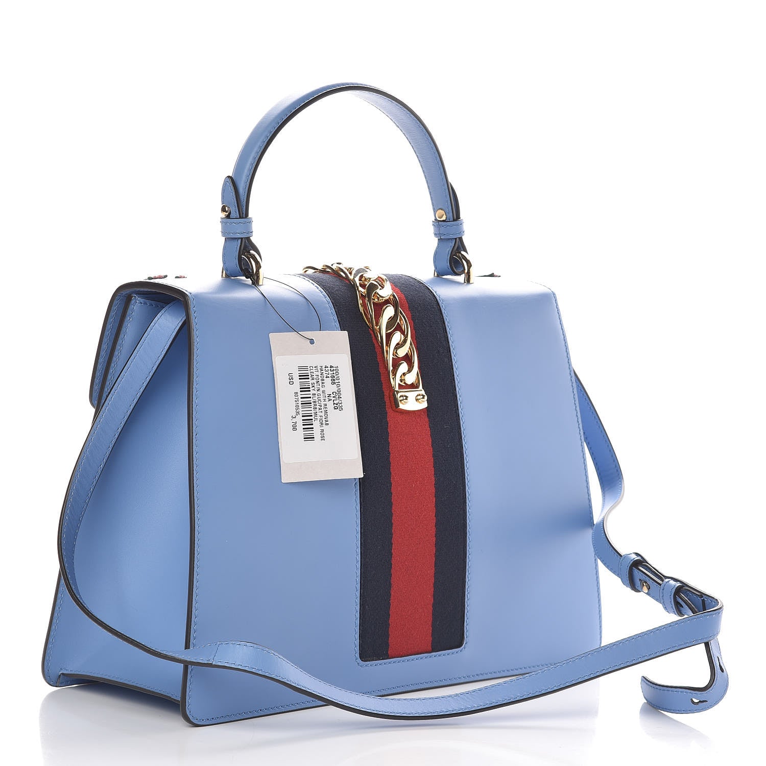 Gucci Calfskin Embroidered Medium Sylvie Top Handle Bag Clear Sky Blue 3 of 12