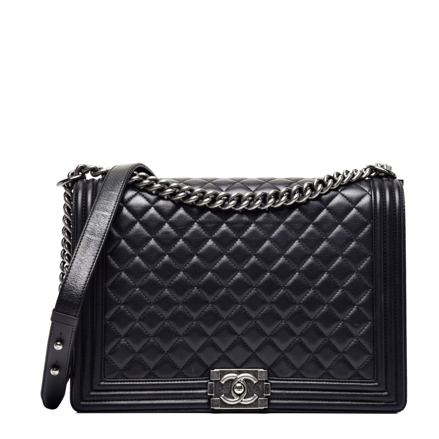 Calfskin Quilted Large Boy Flap Black