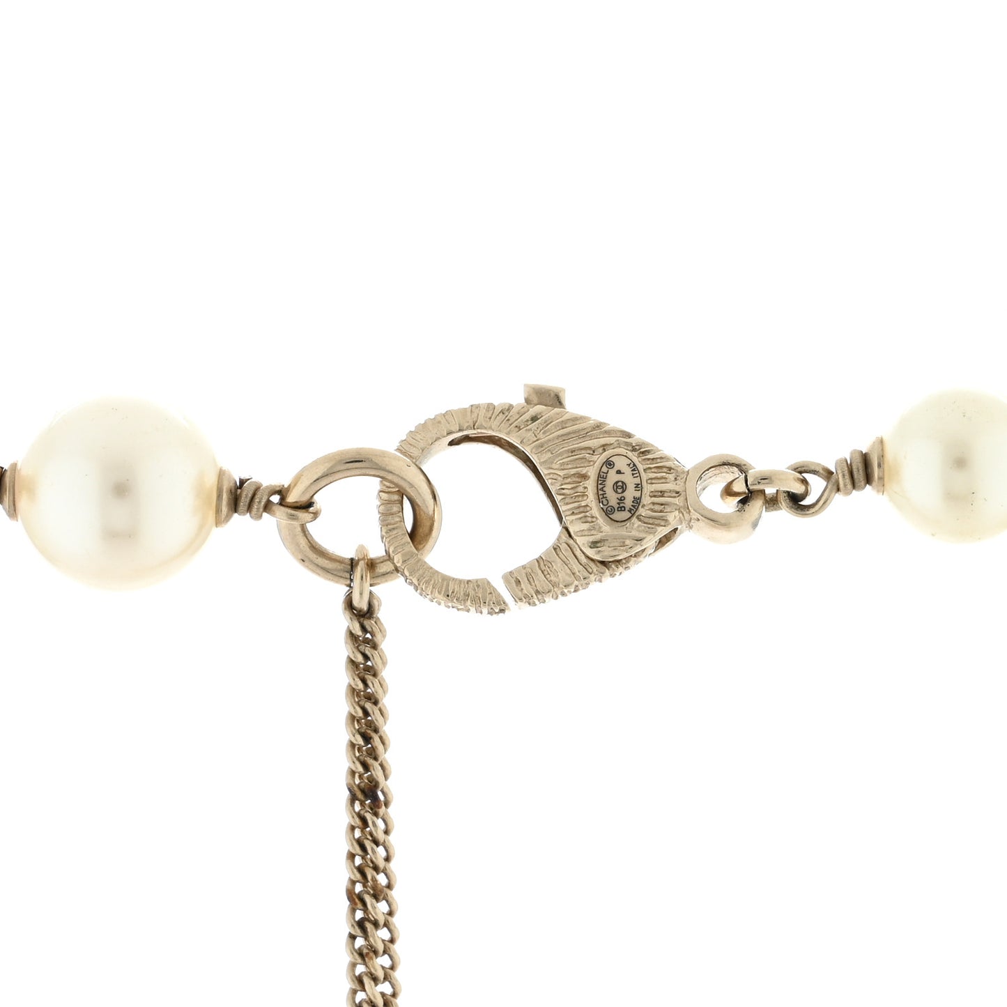 Metal Quilted Pearl CC Long Necklace Light Gold