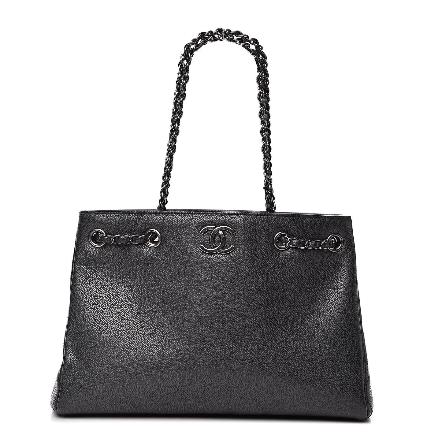 Metallic Grained Calfskin Medium Woven Chain Shopping Tote Black