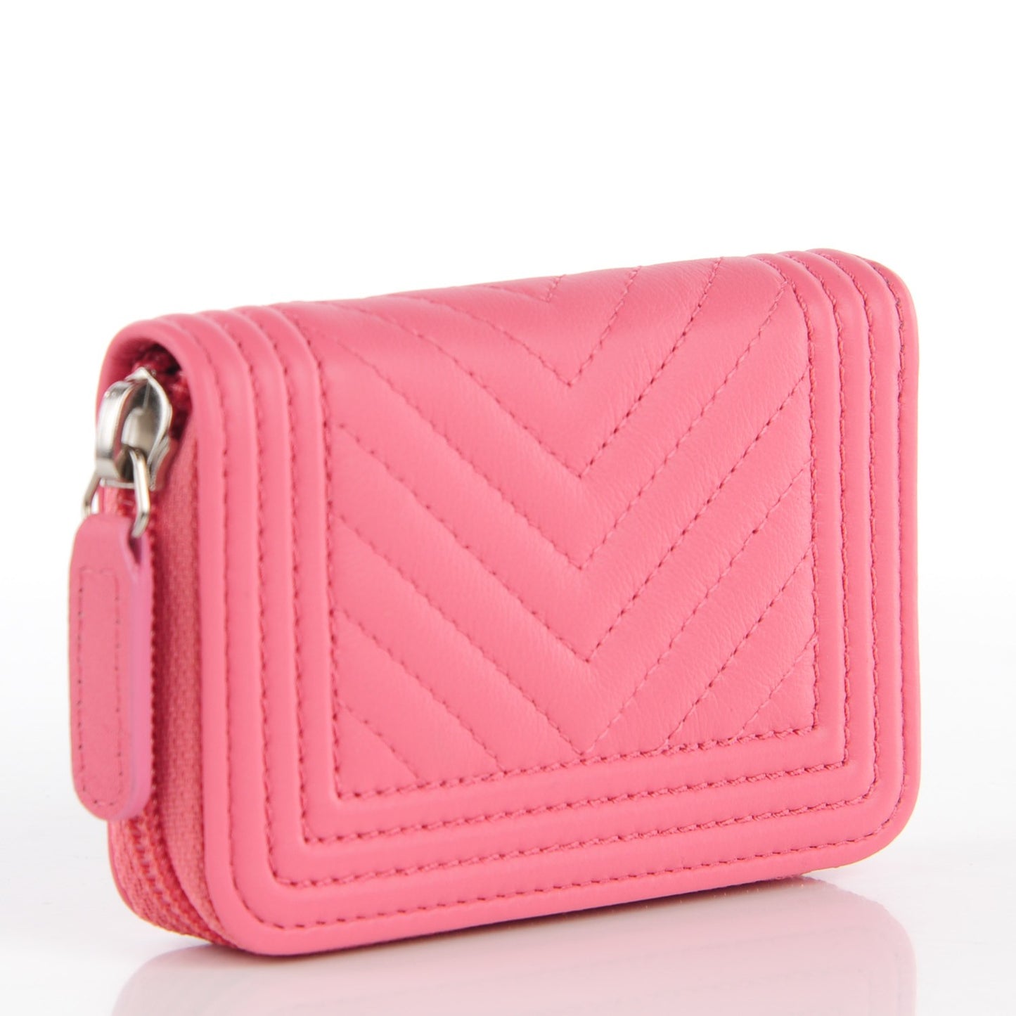 Calfskin Chevron Zip Around Boy Coin Purse Wallet Pink