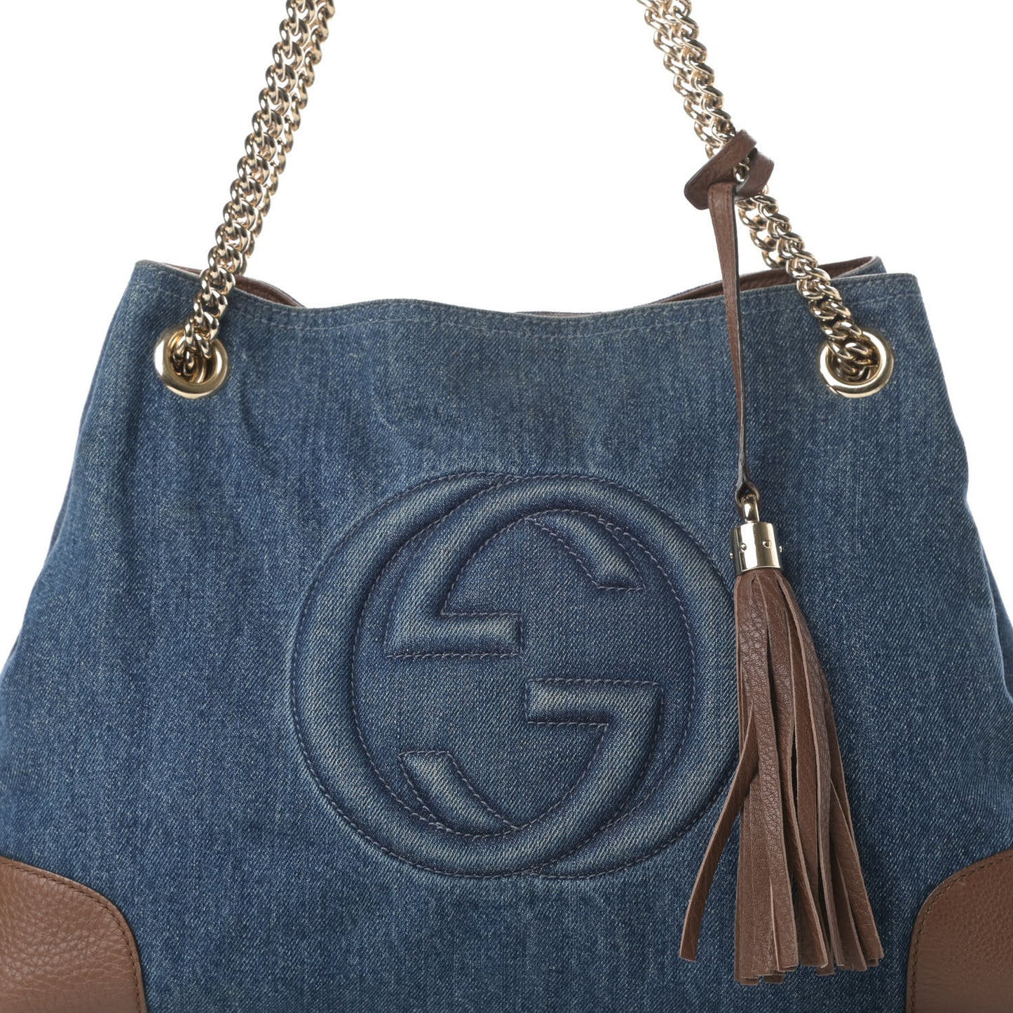 Denim Pebbled Calfskin Medium Soho Chain Shoulder Bag Blue Brown
