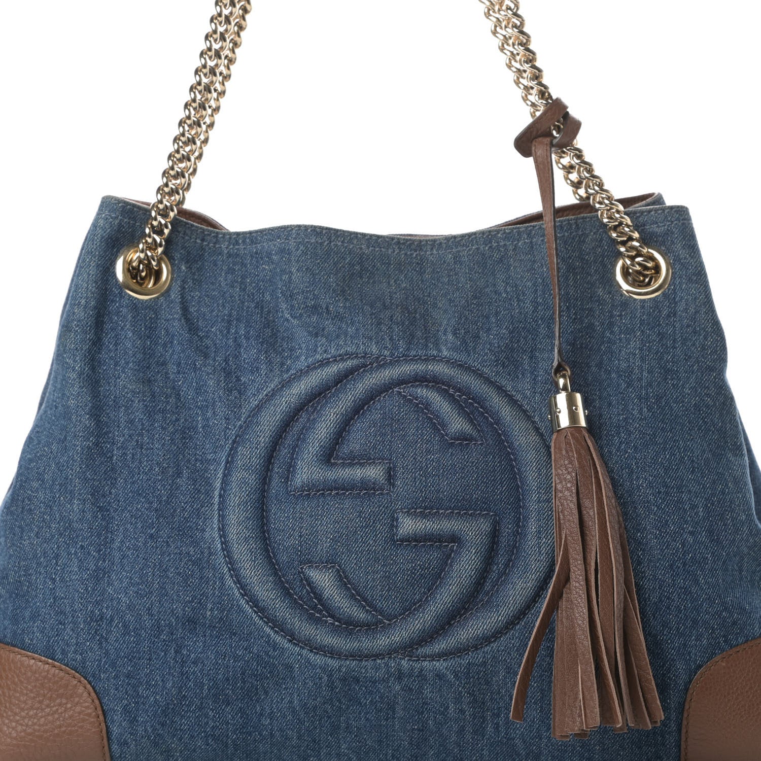 Gucci Denim Pebbled Calfskin Medium Soho Chain Shoulder Bag Blue Brown 8 of 16