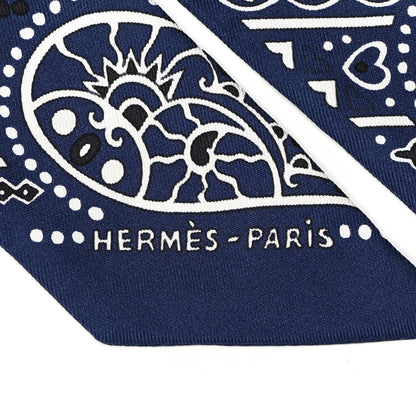 Hermes Silk Peuple Du Vent Bandana Twilly Marine White Black 5 of 5