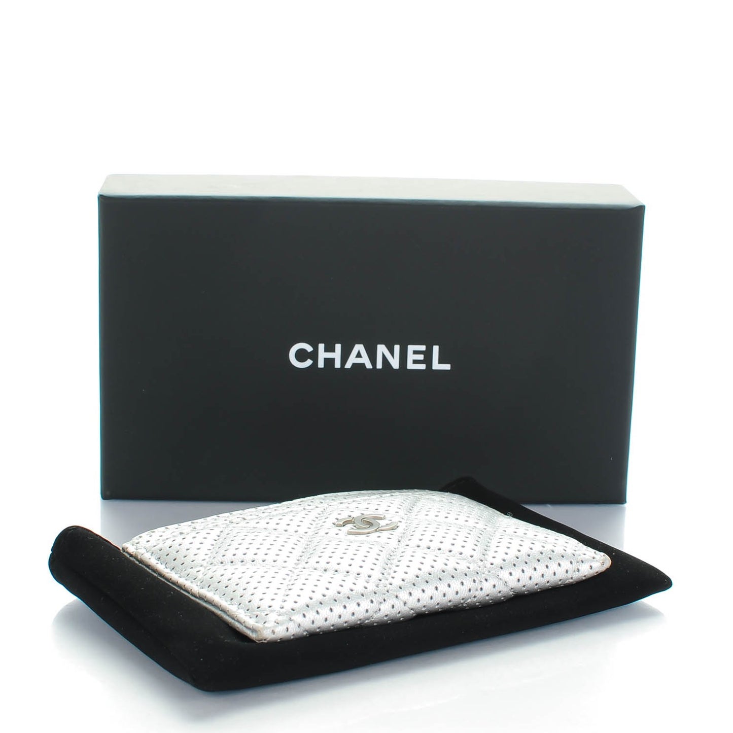 Perforated Lambskin Quilted Card Holder Light Silver