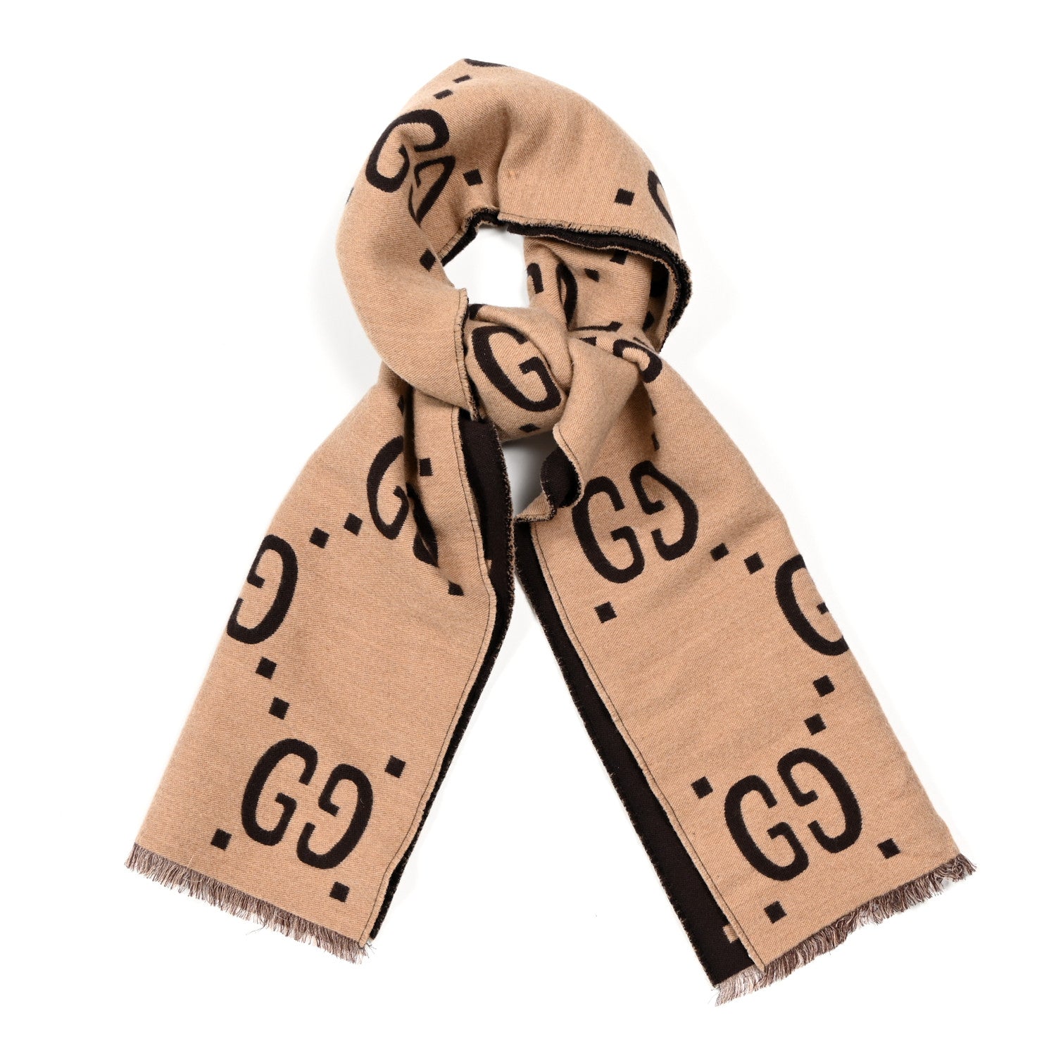 Gucci Wool Silk Monogram Jumbo GG Freedom Scarf Dark Brown Beige 1 of 4
