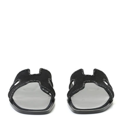 Hermes Suede Goatskin Crystal Oran Sandals 38 Black 2 of 13