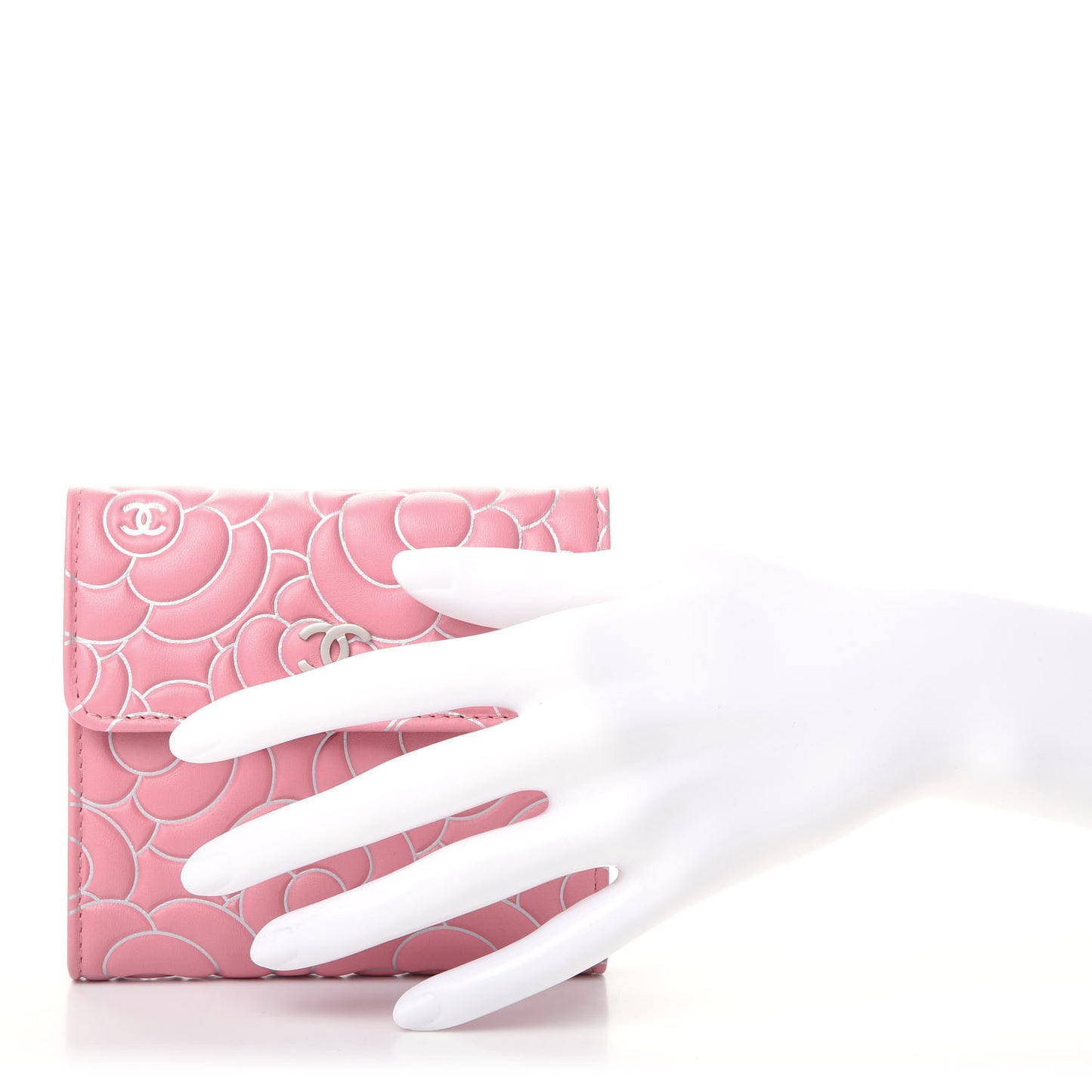 Lambskin Camellia Embossed French Wallet Pink